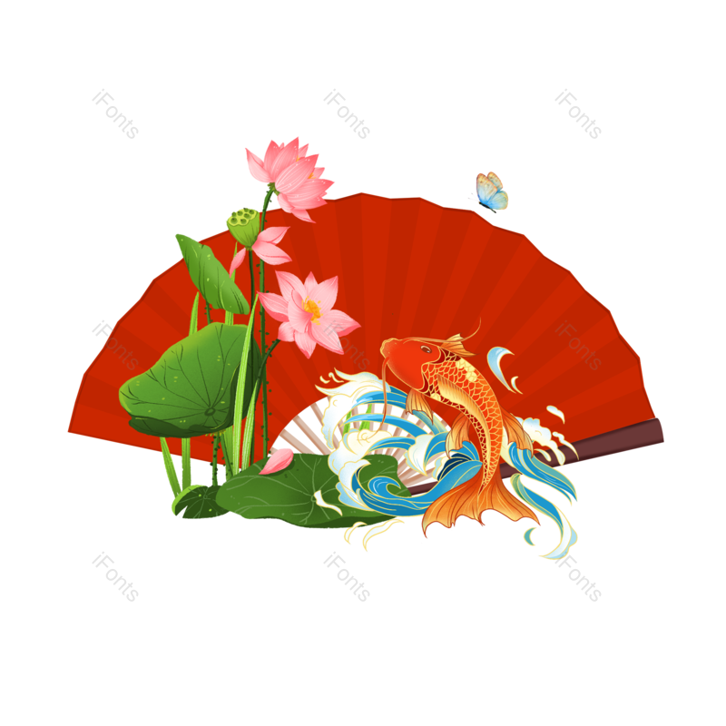 荷花图片,中国元素,扇子PNG,鲤鱼免抠素材